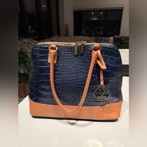Valentina Navy and Tan Croc-Embossed Handbag